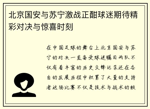 北京国安与苏宁激战正酣球迷期待精彩对决与惊喜时刻