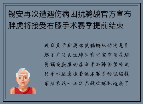 锡安再次遭遇伤病困扰鹈鹕官方宣布胖虎将接受右膝手术赛季提前结束
